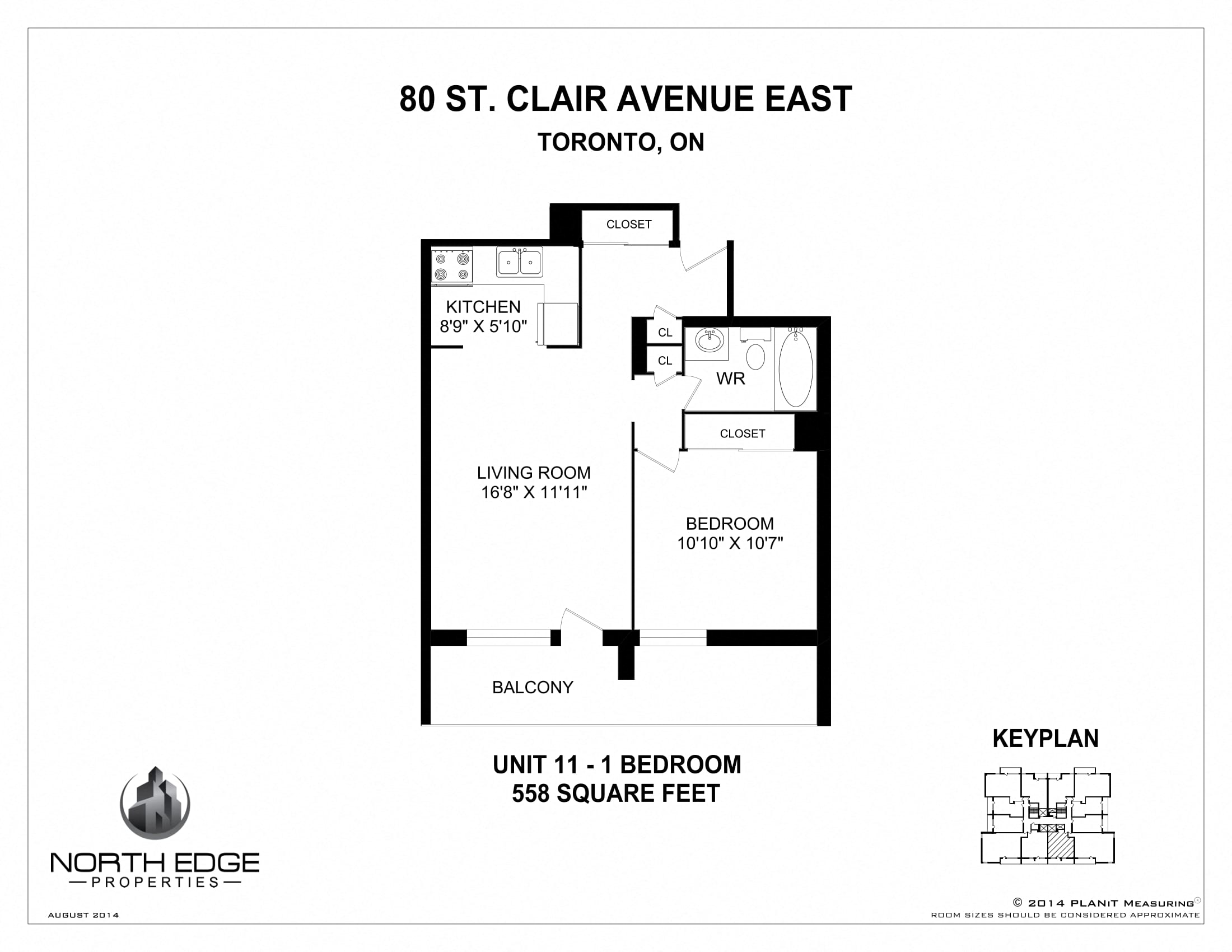 Floor plan for 1 bed, 1 bath, 558 sqft